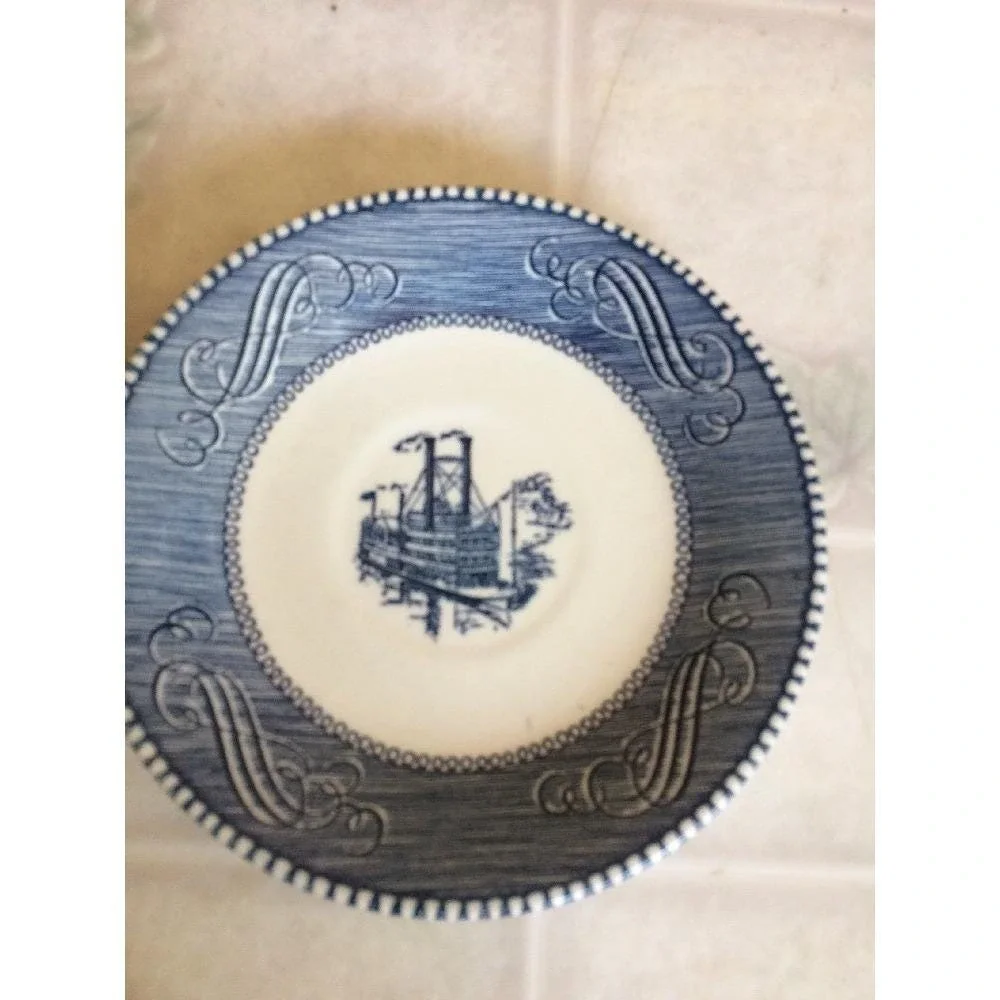 Vintage Royal Currier and Ives Blue & White  Steam Boat Saucer‎